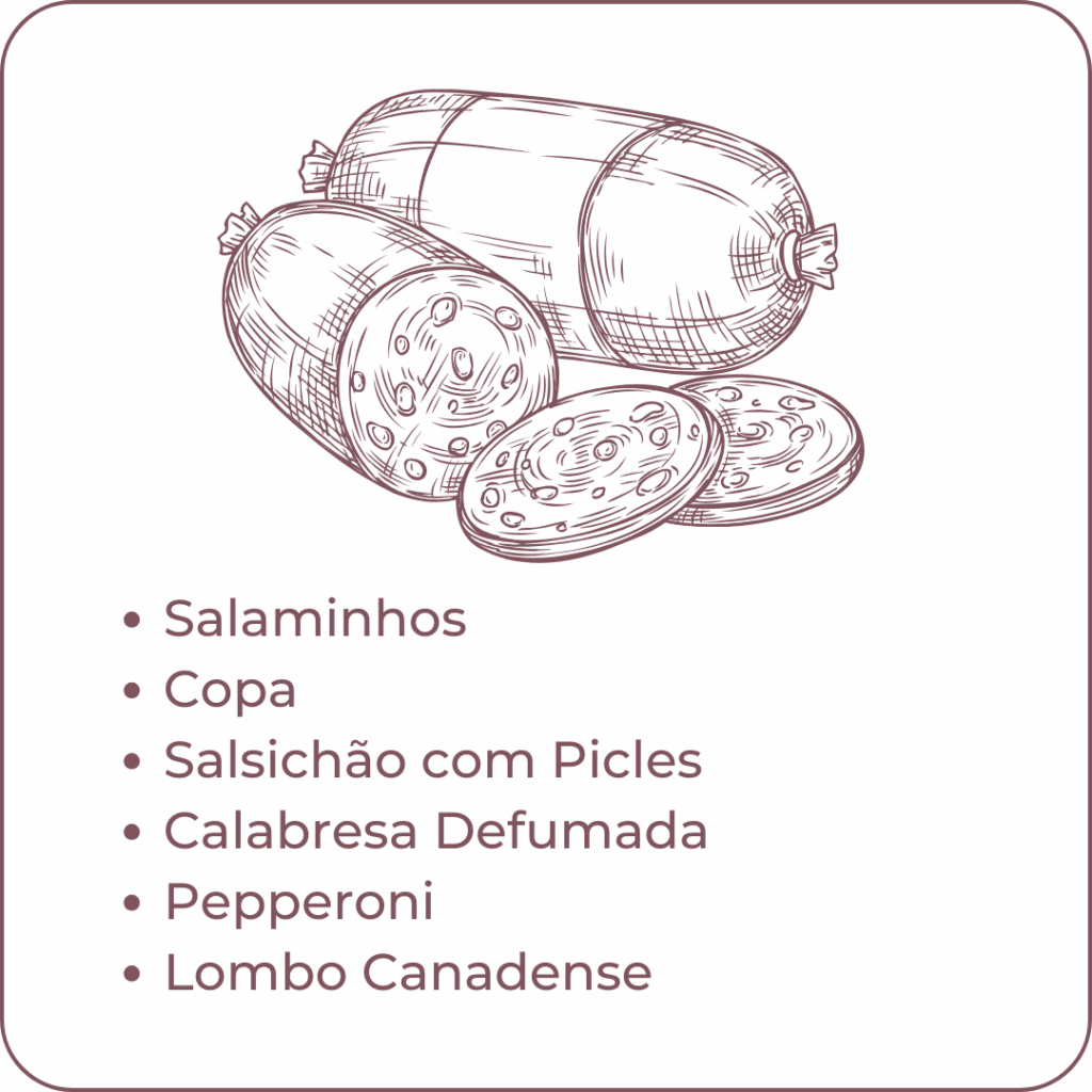 Card informativo da Alecrim Gastronomia com ilustrações de charcutaria e salames. O texto lista a seleção de carnes curadas para Platters: salaminhos, copa, salsichão com picles, calabresa defumada, pepperoni e lombo canadense. O design minimalista destaca a curadoria de frios para eventos e experiências gastronômicas em Belo Horizonte.