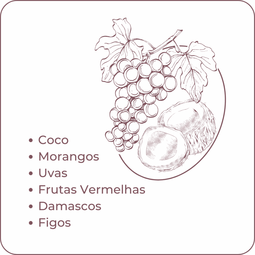 ard informativo da Alecrim Gastronomia com ilustrações de uvas e coco. O texto detalha a curadoria de frutas para Platters: coco, morangos, uvas, frutas vermelhas, damascos e figos. O design sofisticado em tons terrosos destaca os ingredientes frescos utilizados em tábuas de frios e eventos em Belo Horizonte.