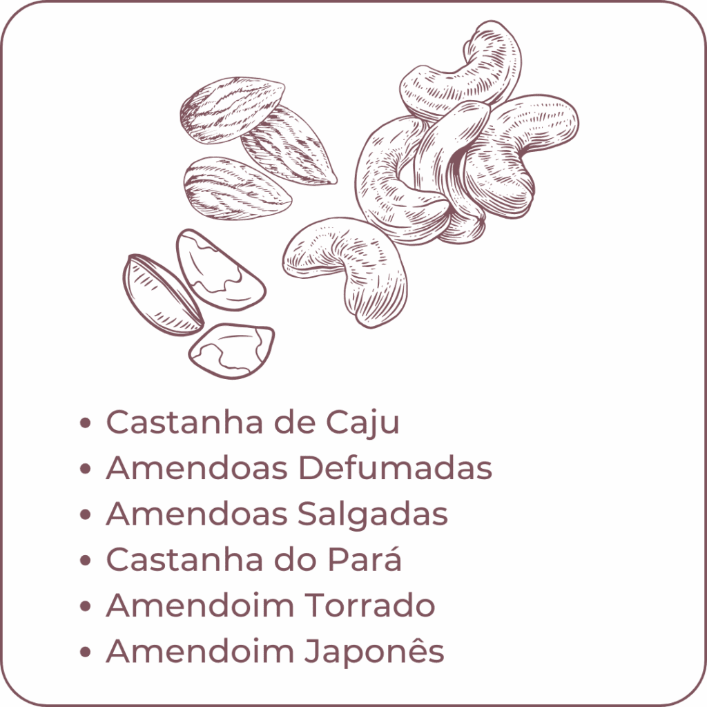 Card informativo da Alecrim Gastronomia com ilustrações de nuts no topo e uma lista de ingredientes selecionados: castanha de caju, amêndoas defumadas e salgadas, castanha do pará e amendoins. O design elegante em tons terrosos detalha a curadoria de insumos que compõem os Platters e tábuas de frios em Belo Horizonte