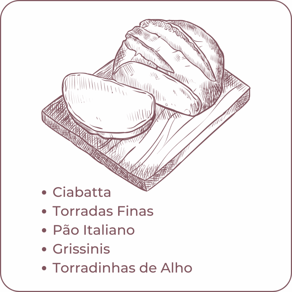 Card informativo da Alecrim Gastronomia com ilustração de pão italiano e ciabatta em uma tábua. O texto detalha a seleção de pães para Platters: ciabatta, torradas finas, pão italiano, grissinis e torradinhas de alho. O design limpo em tons terrosos destaca a variedade de acompanhamentos para tábuas de frios e eventos gourmet em Belo Horizonte