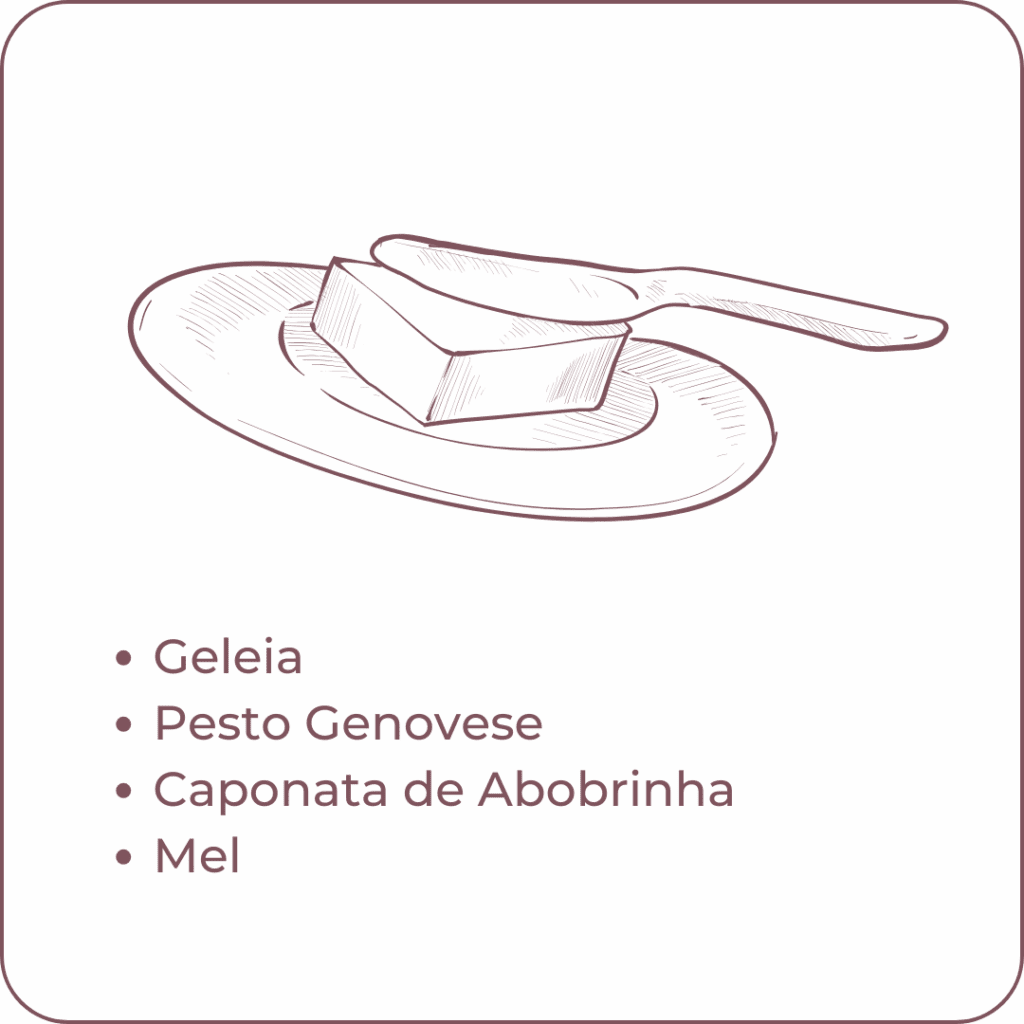 Card informativo da Alecrim Gastronomia com ilustração de queijo e faca de espalhar. O texto lista opções de acompanhamentos para Platters: Geleia, Pesto Genovese, Caponata de Abobrinha e Mel. O design clean reforça a curadoria de iguarias artesanais para eventos e tábuas de frios em Belo Horizonte.