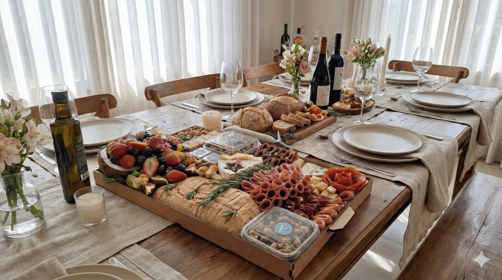 Mesa posta sofisticada com a Platter GG da Alecrim Gastronomia, a maior da linha, com aproximadamente 3,8kg. A tábua farta atende de 10 a 14 pessoas e apresenta uma curadoria completa de queijos, charcutaria, pães e frutas frescas, ideal para grandes recepções e eventos de luxo em Belo Horizonte.