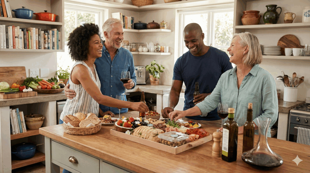 Amigos sorridentes em uma cozinha rústica servindo-se da Platter M da Alecrim Gastronomia. A tábua média, com aproximadamente 2,0kg de frios, queijos e pães, é ideal para encontros de 06 a 08 pessoas, unindo variedade e beleza para recepções em Belo Horizonte.
