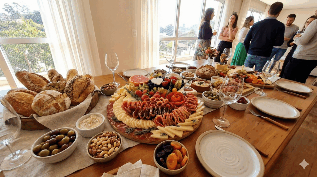 Visão panorâmica de uma mesa de buffet com a Platter Mandala da Alecrim Gastronomia. A tábua circular de aproximadamente 2,8kg apresenta uma disposição artística de queijos, frios e frutas, atendendo de 08 a 10 pessoas em recepções sofisticadas e eventos contemporâneos em Belo Horizonte.