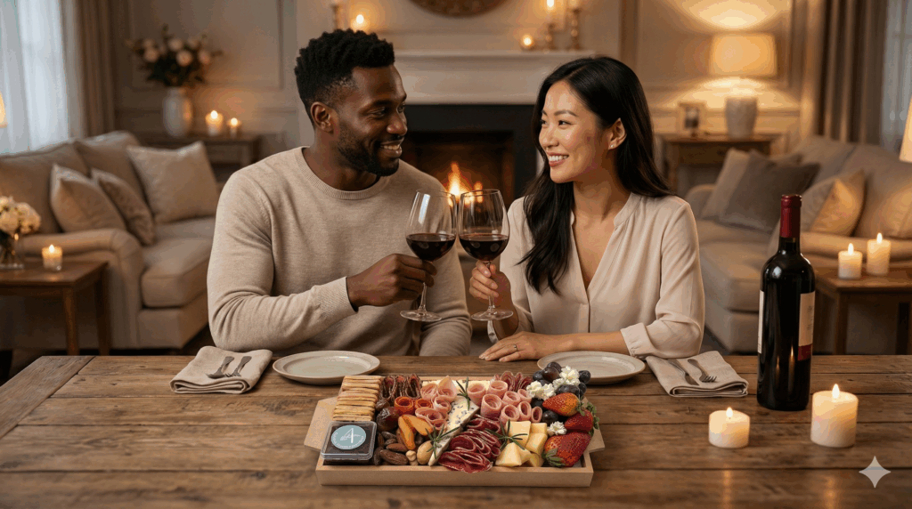 Cena de uso da Platter PP da Alecrim Gastronomia em um jantar romântico à luz de velas. A tábua pequena, ideal para 02 a 04 pessoas, apresenta uma curadoria de frios, frutas e queijos, servindo como entrada sofisticada para casais em Belo Horizonte.