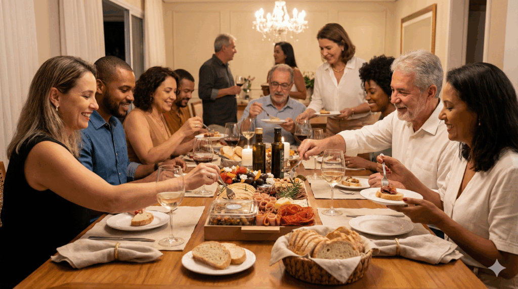 Grupo de amigos e familiares reunidos ao redor de uma mesa de jantar servida com a Platter G da Alecrim Gastronomia. A tábua grande, com cerca de 2,8kg de queijos, frios e frutas, atende de 08 a 10 pessoas em um ambiente festivo e elegante em Belo Horizonte.