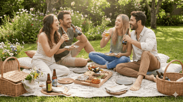 Cena de piquenique no jardim com amigos compartilhando a Platter P da Alecrim Gastronomia. A tábua artesanal de aproximadamente 1,2kg, ideal para 04 a 06 pessoas, é servida com queijos, frios e frutas frescas, destacando-se como opção de buffet para eventos ao ar livre em Belo Horizonte.