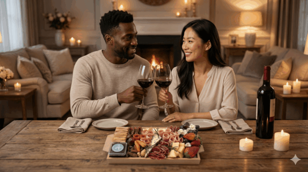 Cena de uso da Platter PP da Alecrim Gastronomia em um jantar romântico à luz de velas. A tábua pequena, ideal para 02 a 04 pessoas, apresenta uma curadoria de frios, frutas e queijos, servindo como entrada sofisticada para casais em Belo Horizonte.