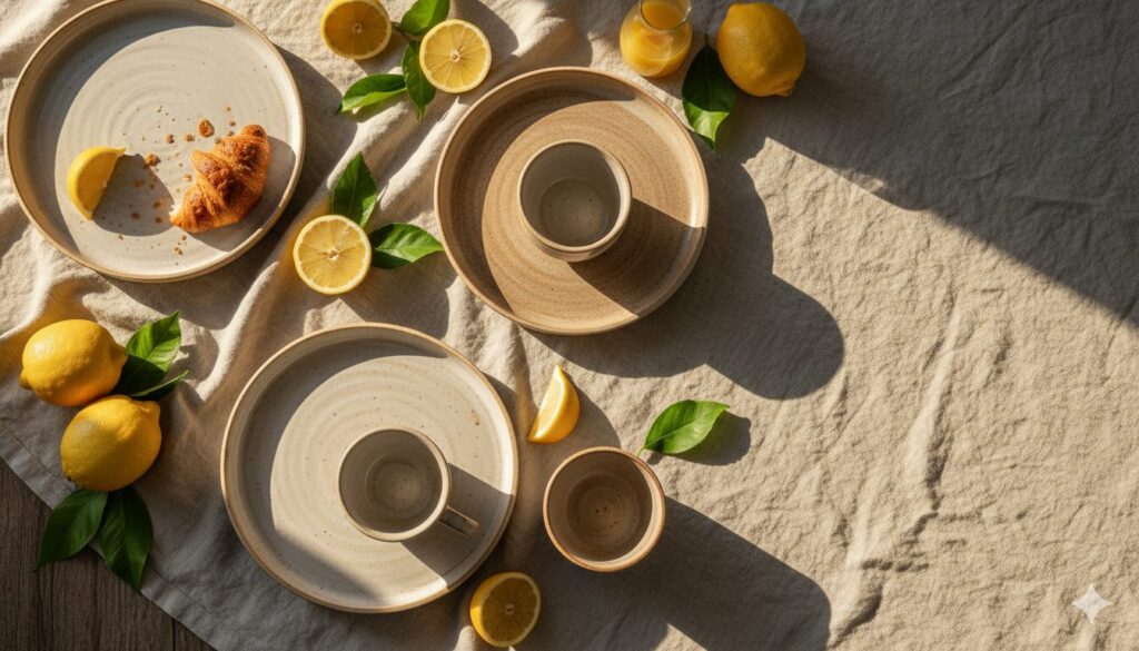 Mesa de café da manhã ensolarada com limões sicilianos, inspiração para as cestas de dia das mães da Alecrim em BH