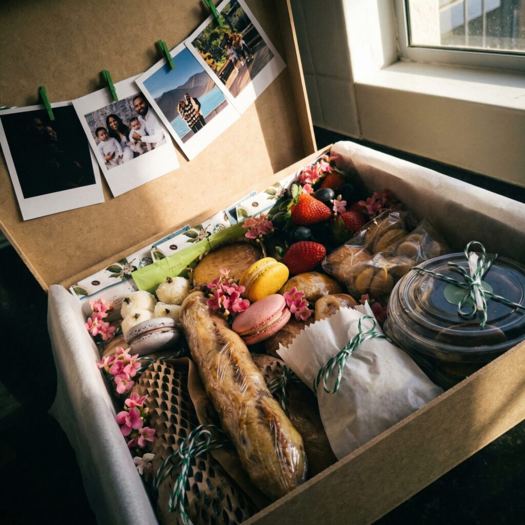 Cesta de café da manhã em BH apresentada em uma sofisticada caixa de madeira MDF personalizada pela Alecrim Gastronomia Criativa. O presente inclui itens artesanais como pães, frutas frescas e doces finos, além de fotos polaroid que tornam a experiência única. Esta evolução da cesta de café da manhã tradicional foca no luxo e no afeto, sendo a escolha ideal para presentes corporativos e datas especiais em Belo Horizonte