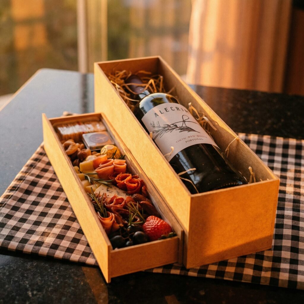 Visão diagonal de uma caixa WineBox Gaveta em MDF. No nível superior, uma garrafa de vinho tinto Alecrim Portugal repousa sobre palha natural. A gaveta inferior está aberta, revelando uma harmonização artesanal de queijos finos, salame, presunto parma, morango e uvas. A caixa está sobre uma toalha xadrez, iluminada por uma luz quente que evoca sofisticação e o prazer de compartilhar momentos especiais em Belo Horizonte.