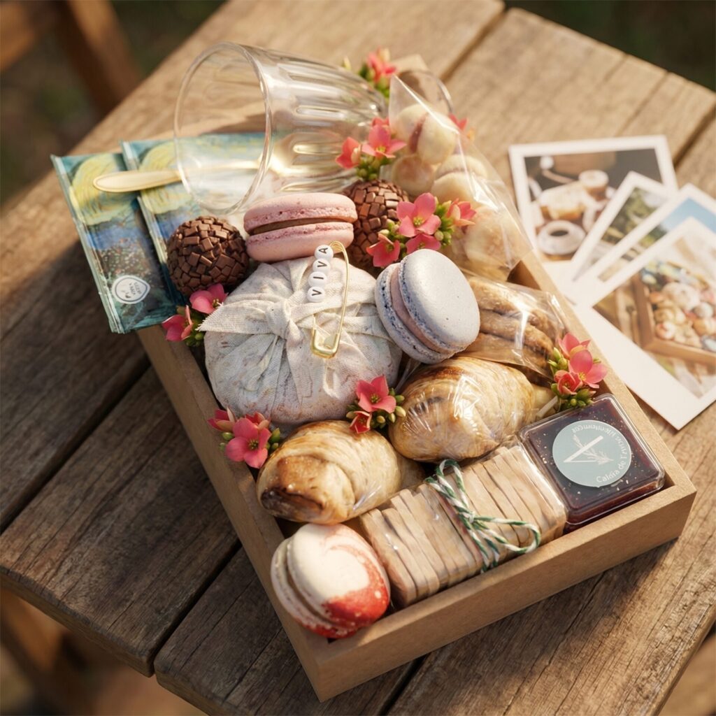 BandeChá da Alecrim com café da manhã artesanal em bandeja de madeira, incluindo croissants, macarons, biscoitos, doces finos e flores