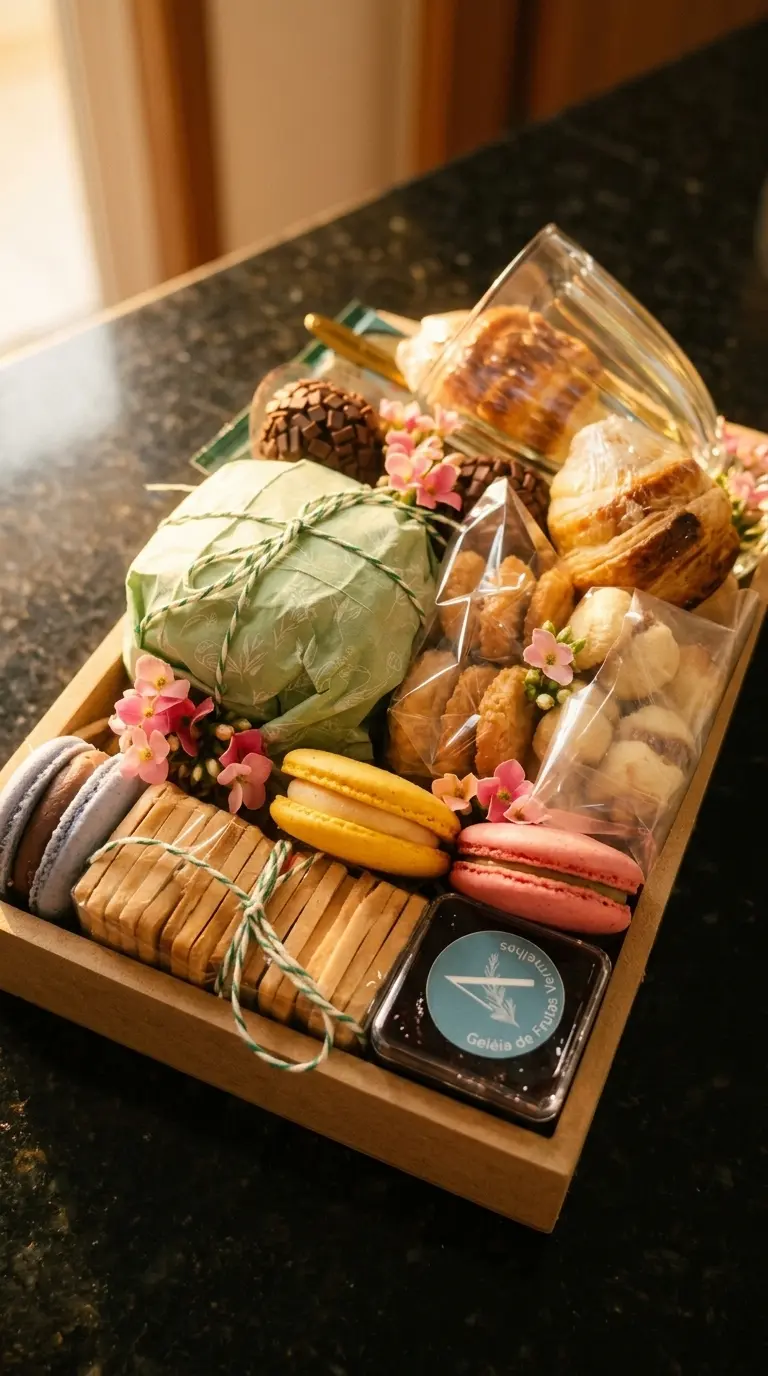 bandeja de chá da tarde com croissants, macarons, broa, torradas, cha, café, xícara de vidro