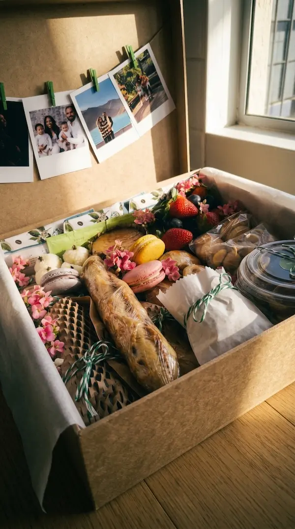 Cesta de café da manhã artesanal da Alecrim para 3 pessoas com pães, frutas, macarons e doces finos em caixa presenteável