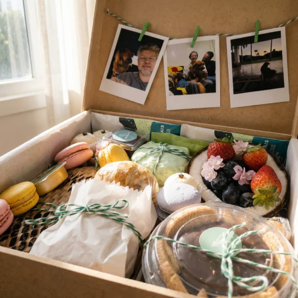 Visão completa de uma cesta de café da manhã artesanal montada em caixa de madeira MDF reutilizável. O kit Alecrim inclui pães, doces finos e frutas, decorado com fotos personalizadas para criar uma experiência sensorial completa. Ideal para momentos especiais, de aniversários a agradecimentos corporativos elegantes em Belo Horizonte.