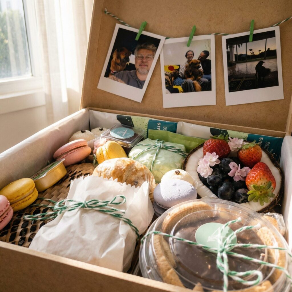 Visão completa de uma cesta de café da manhã artesanal montada em caixa de madeira MDF reutilizável. O kit Alecrim inclui pães, doces finos e frutas, decorado com fotos personalizadas para criar uma experiência sensorial completa. Ideal para momentos especiais, de aniversários a agradecimentos corporativos elegantes em Belo Horizonte.