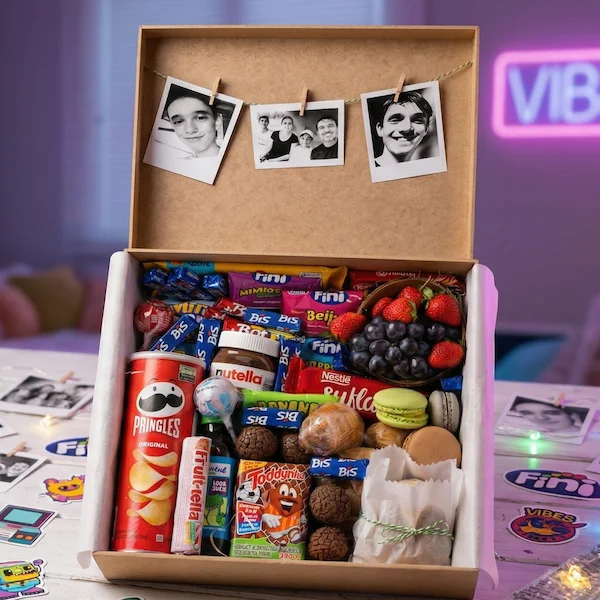 Cesta teen personalizada Alecrim BH com guloseimas, café, fotos e decoração vibrante em tons de rosa e azul.