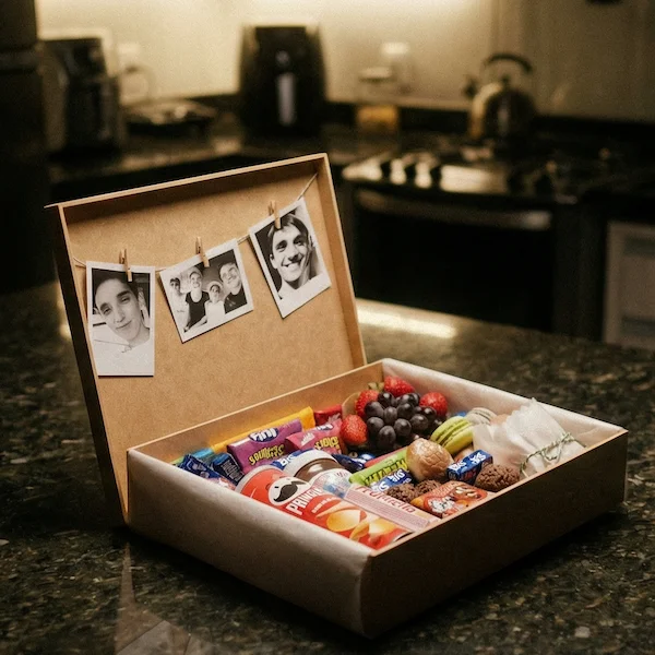 Cesta teen personalizada com chocolates, doces, snacks e fotos em caixa presenteável Alecrim