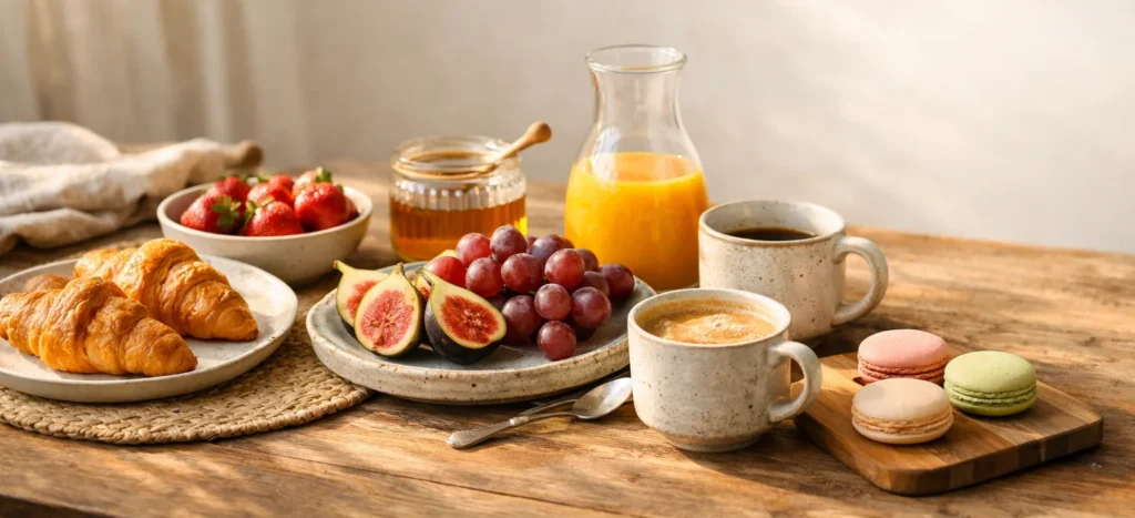 mesa elegante de café da manhã alecrim contendo croissant, suco, mel, frutas e macarons.