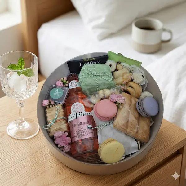 caixa redonda de presente fino contendo pink lemonade, croissant, broa de milho, macarons, biscoitos amanteigados, cafe, decoração