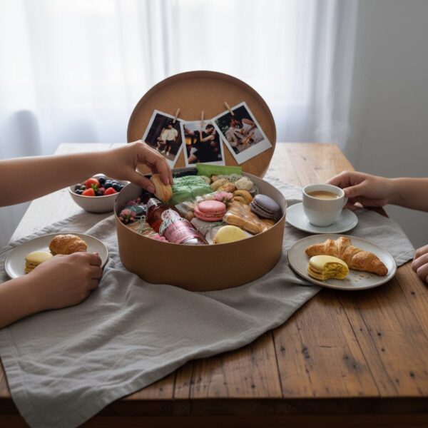 Sweet box com bolos e doces variados, macarons, croissants e pink lemonade, servida em mesa posta para compartilhar