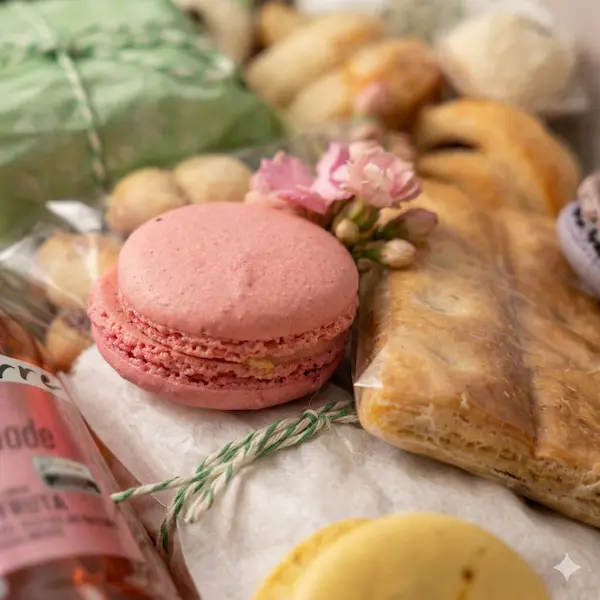 caixa redonda de presente fino contendo pink lemonade, croissant, broa de milho, macarons, biscoitos amanteigados, cafe, decoração