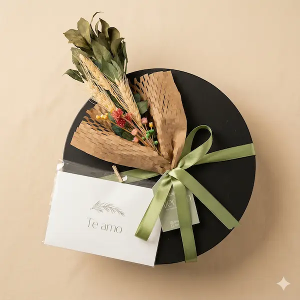 caixa redonda de presente fino contendo pink lemonade, croissant, broa de milho, macarons, biscoitos amanteigados, cafe, decoração