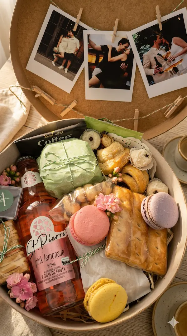 caixa redonda de presente fino contendo pink lemonade, croissant, broa de milho, macarons, biscoitos amanteigados, cafe, decoração