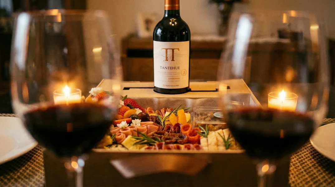 "Experiência gourmet 'Quer Vin? Vem!' da Alecrim Gastronomia Criativa. Caixa de madeira artesanal com vinho importado, duas taças de vidro e tábua de charcutaria completa com queijos, salames, pães, antepastos e frutas frescas como morangos e physalis, decorada com alecrim.