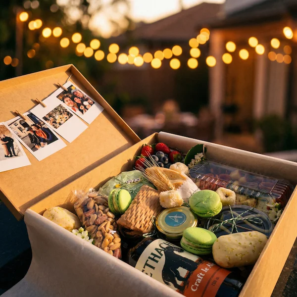 Cesta de happy hour em BH com cerveja artesanal ou vinho, queijos, frios, pães e acompanhamentos, em caixa de presente personalizada