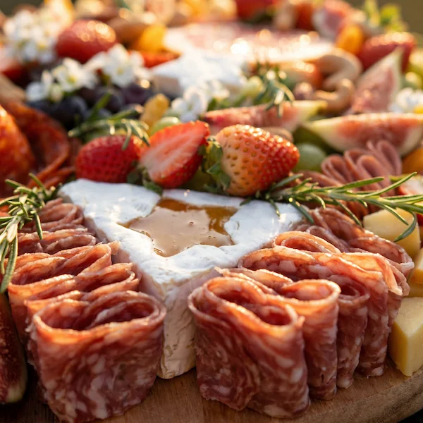 Tábua de frios circular da Alecrim Gastronomia com queijo brie com mel, rosas de salame, morangos, figos e flores naturais em Belo Horizonte.
