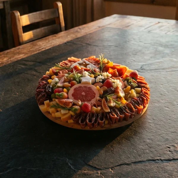 Tábua de frios circular da Alecrim Gastronomia com queijo brie com mel, rosas de salame, morangos, figos e flores naturais em Belo Horizonte.