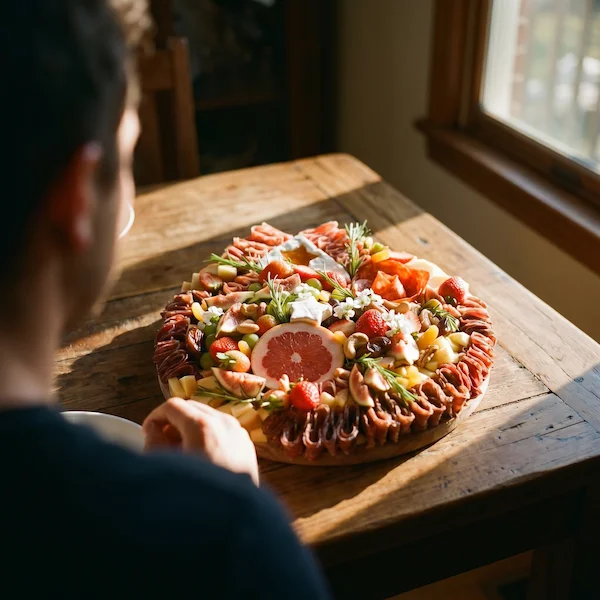 Tábua de frios de luxo, composta por charcutaria selecionada, queijos finos, torradas, pesto, castanha, morango e uvas.