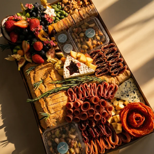 Tábua de frios de luxo, composta por charcutaria selecionada, queijos finos, torradas, pesto, castanha, morango e uvas.