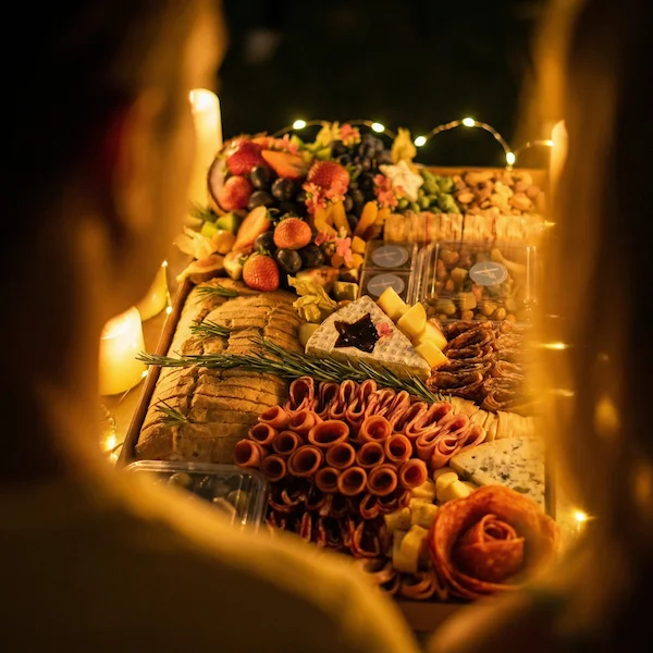 Tábua de frios de luxo, composta por charcutaria selecionada, queijos finos, torradas, pesto, castanha, morango e uvas.