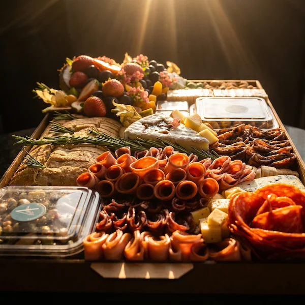 Tábua de frios de luxo, composta por charcutaria selecionada, queijos finos, torradas, pesto, castanha, morango e uvas.