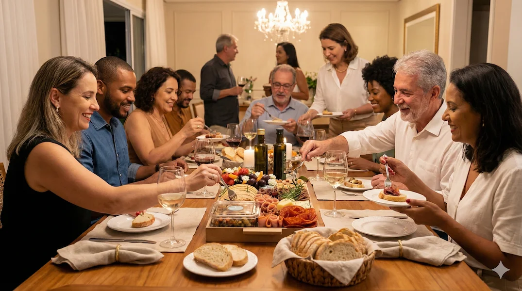Tábua de frios de luxo, composta por charcutaria selecionada, queijos finos, torradas, pesto, castanha, morango e uvas.