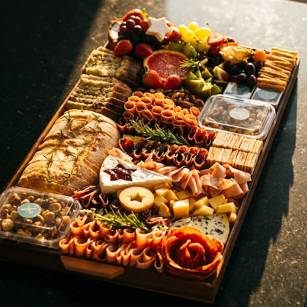 Tábua de frios de luxo, composta por charcutaria selecionada, queijos finos, torradas, pesto, castanha, morango e uvas.