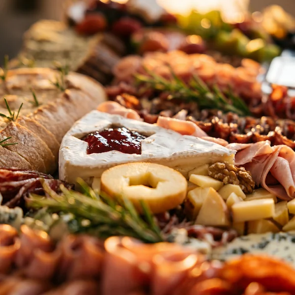 Tábua de frios de luxo, composta por charcutaria selecionada, queijos finos, torradas, pesto, castanha, morango e uvas.