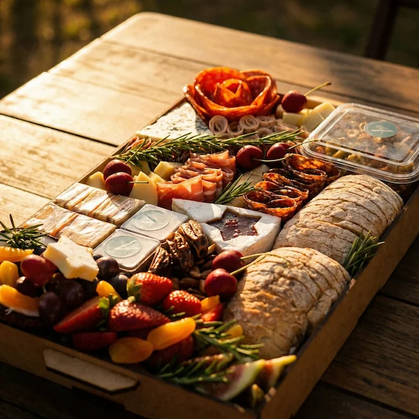 Tábua de frios de luxo, composta por charcutaria selecionada, queijos finos, torradas, pesto, castanha, morango e uvas.