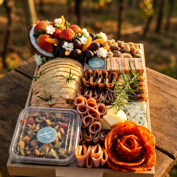 Tábua de frios de luxo, composta por charcutaria selecionada, queijos finos, torradas, pesto, castanha, morango e uvas.