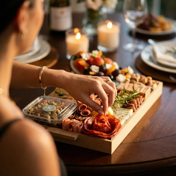 Tábua de frios de luxo, composta por charcutaria selecionada, queijos finos, torradas, pesto, castanha, morango e uvas.