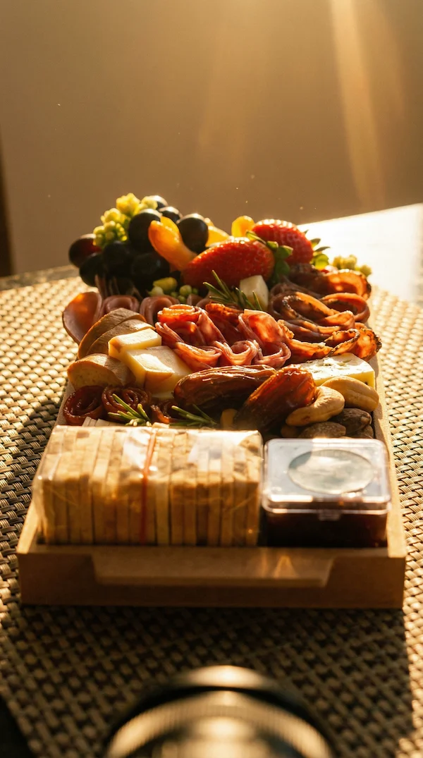 Tábua de frios de luxo, composta por charcutaria selecionada, queijos finos, torradas, pesto, castanha, morango e uvas.