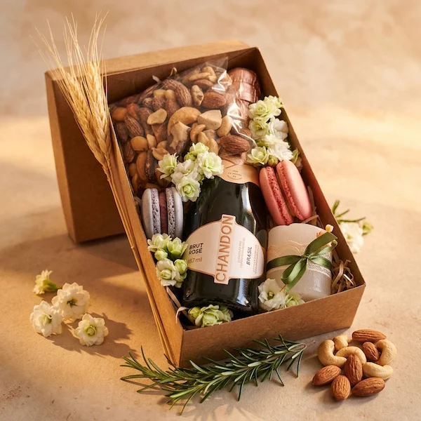 Visão lateral da Box Meu Momento semi-aberta com espumante Chandon, amêndoas e castanhas, destacando opções de presentes delicados com espumante em BH.