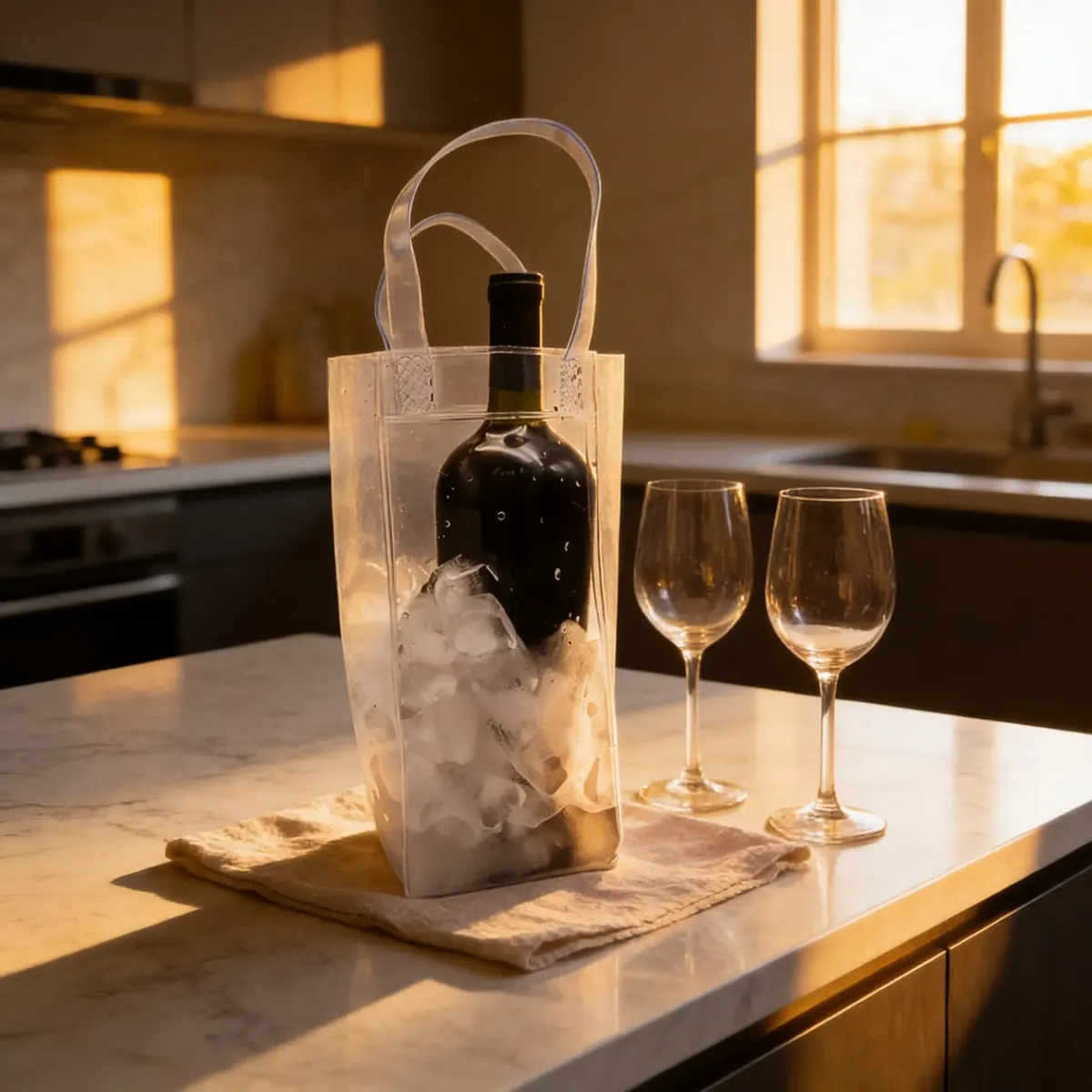 Visão aproximada da Wine Bag em PVC transparente da Alecrim Gastronomia, destacando o design minimalista para presentes gourmet em BH.