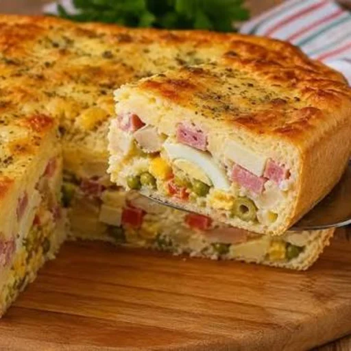 Tortinha portuguesa artesanal da Alecrim, feita com massa leve de liquidificador e recheio de presunto, queijo, cebola, tomate, milho, ervilhas e azeitonas.