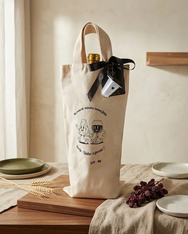 Kit de Dia dos Pais com vinho e queijo em bolsa de algodão cru da Alecrim Gastronomia em BH, estampada com a frase 'Na mesa do mineiro nunca falta: Queijo, Vinho e prosa!', acompanhado de saca rolhas e monóculo tematico.