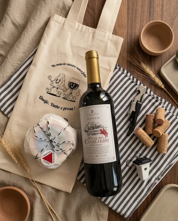 Kit de Dia dos Pais com vinho e queijo em bolsa de algodão cru da Alecrim Gastronomia em BH, estampada com a frase 'Na mesa do mineiro nunca falta: Queijo, Vinho e prosa!', acompanhado de saca rolhas e monóculo tematico.
