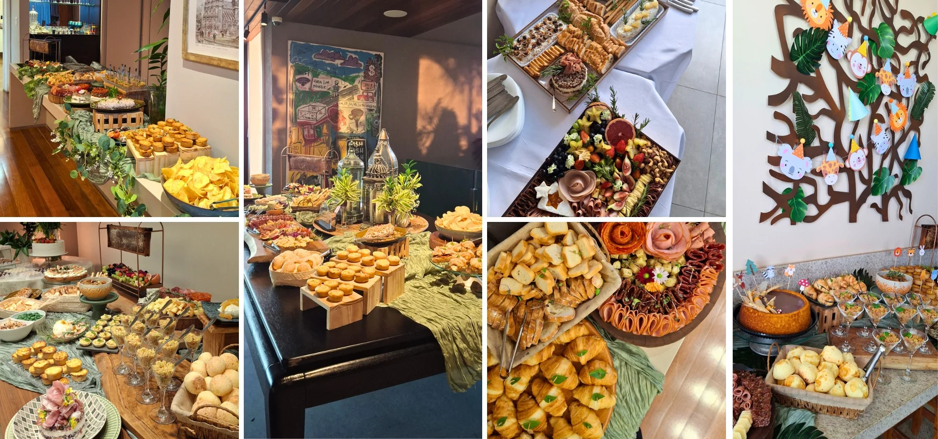 mesas gastronômicas de celebração de aniversário Alecrim. Composta de iguarias, finger foods, tábuas de frios e entradinhas gourmet.