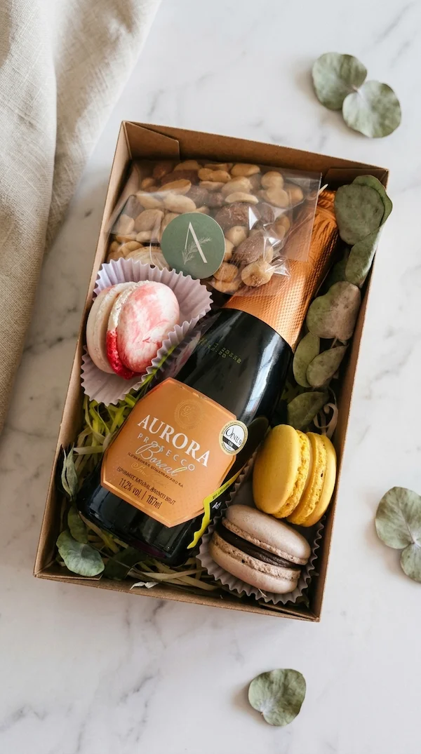 presente delicado com espumante, castanhas e macarons da Alecrim BH